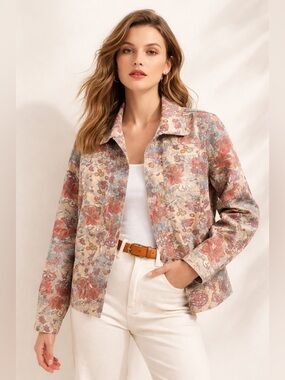 Coldwater Creek Denim Shirt Jacket M | Dusty-Floral motif | Lagenlook